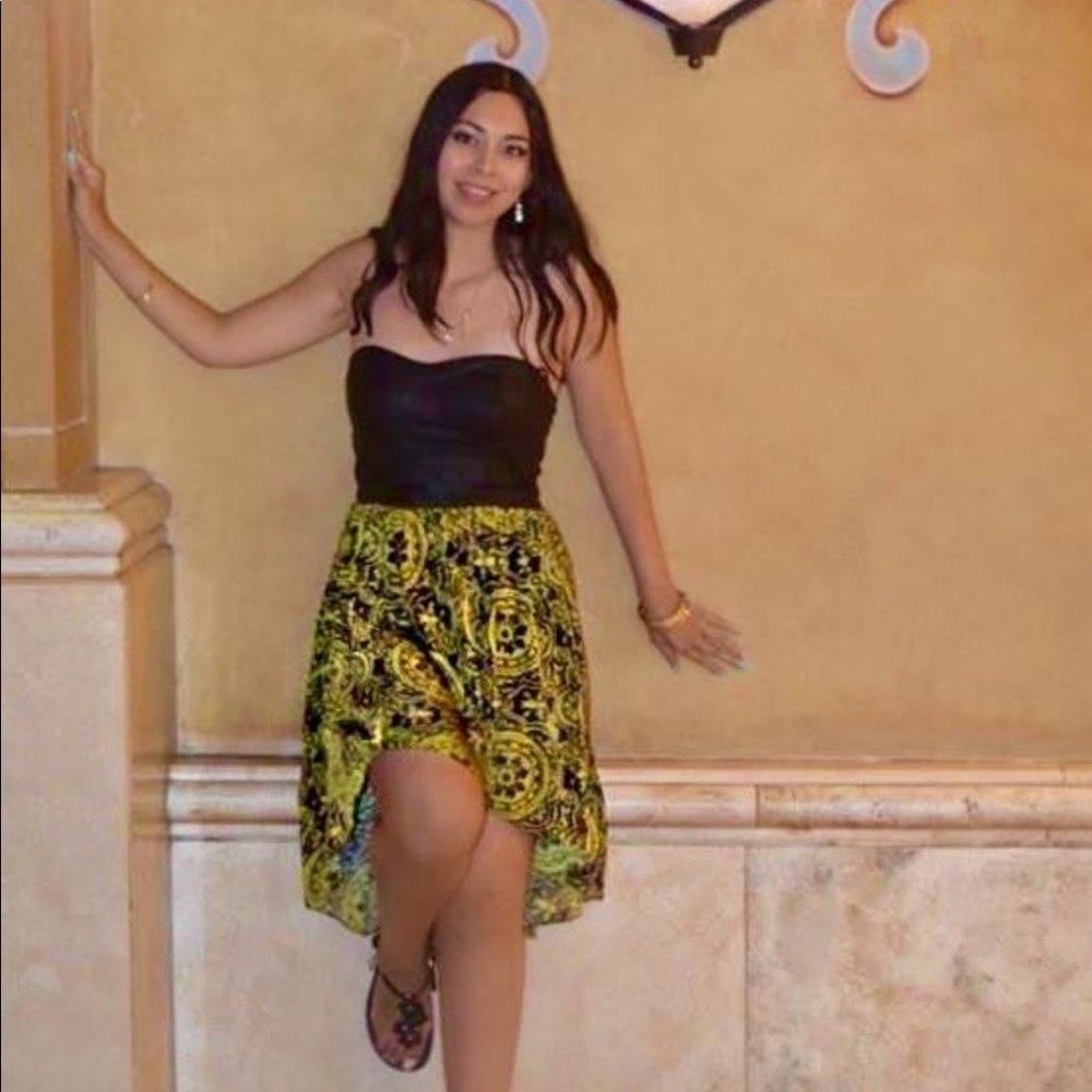 Black Tube top Dress w/ Green Patterned Skirt